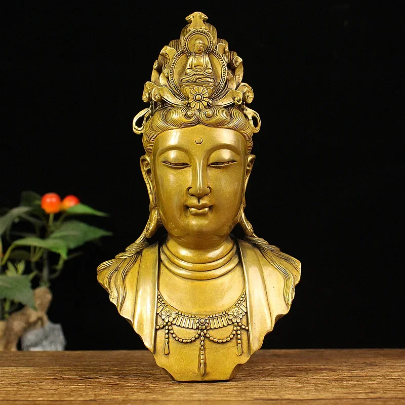 

Brass, pure copper, Avalokitesvara Avalokitesvara head statue, half body Avalokitesvara statue, home furnishings, antique crafts