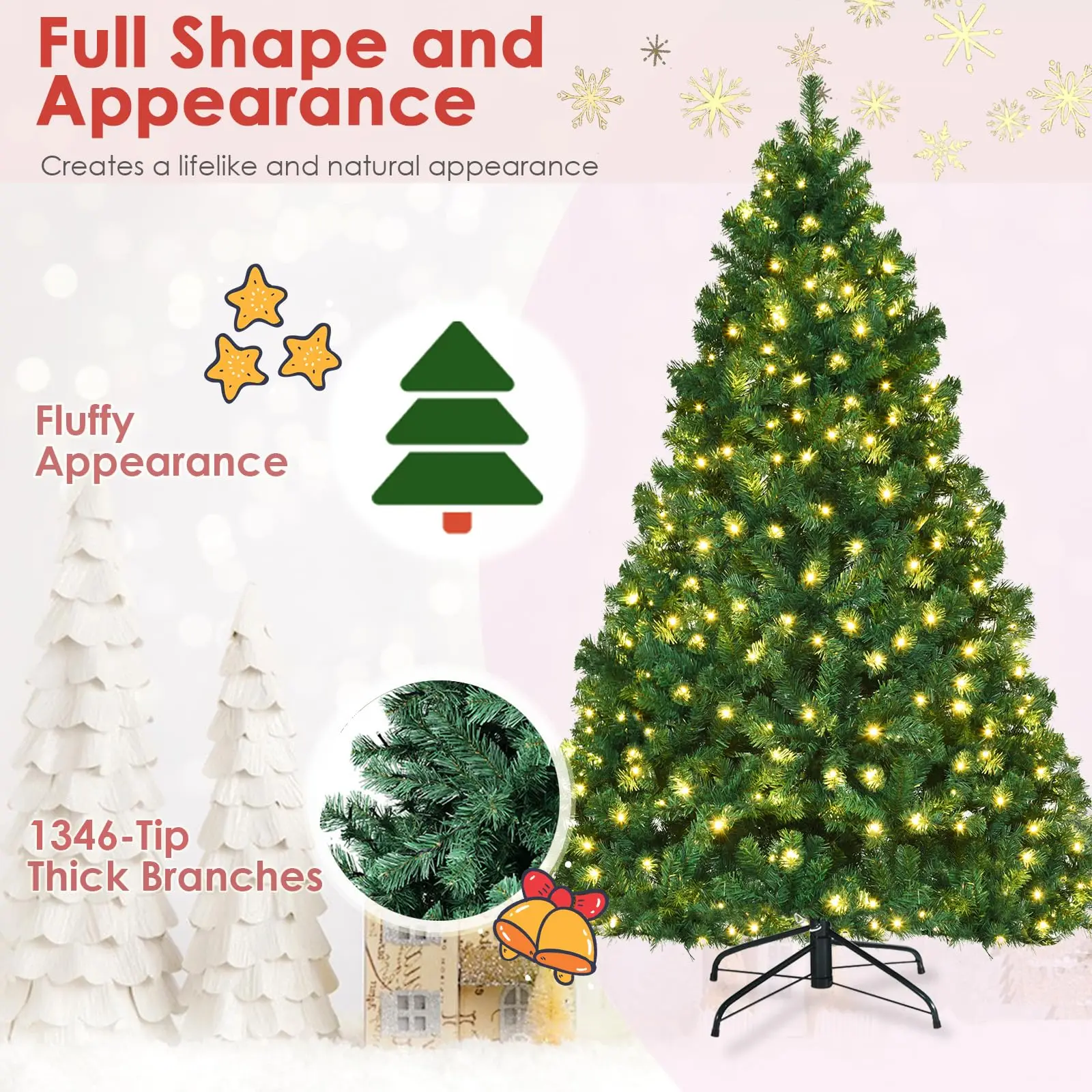 7.5ft Prelit Christmas Tree, Indoor Xmas Tree w/ 1346 PVC Branch, Pre-Strung 400 Warm White LED Lights & Metal Hinge