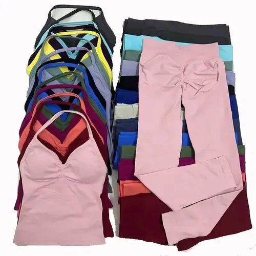 Conjunto de Yoga y gimnasio para mujer, mallas de cintura alta sin costuras, Sujetador deportivo, Top, traje de entrenamiento, ropa deportiva para correr, 2 uds.