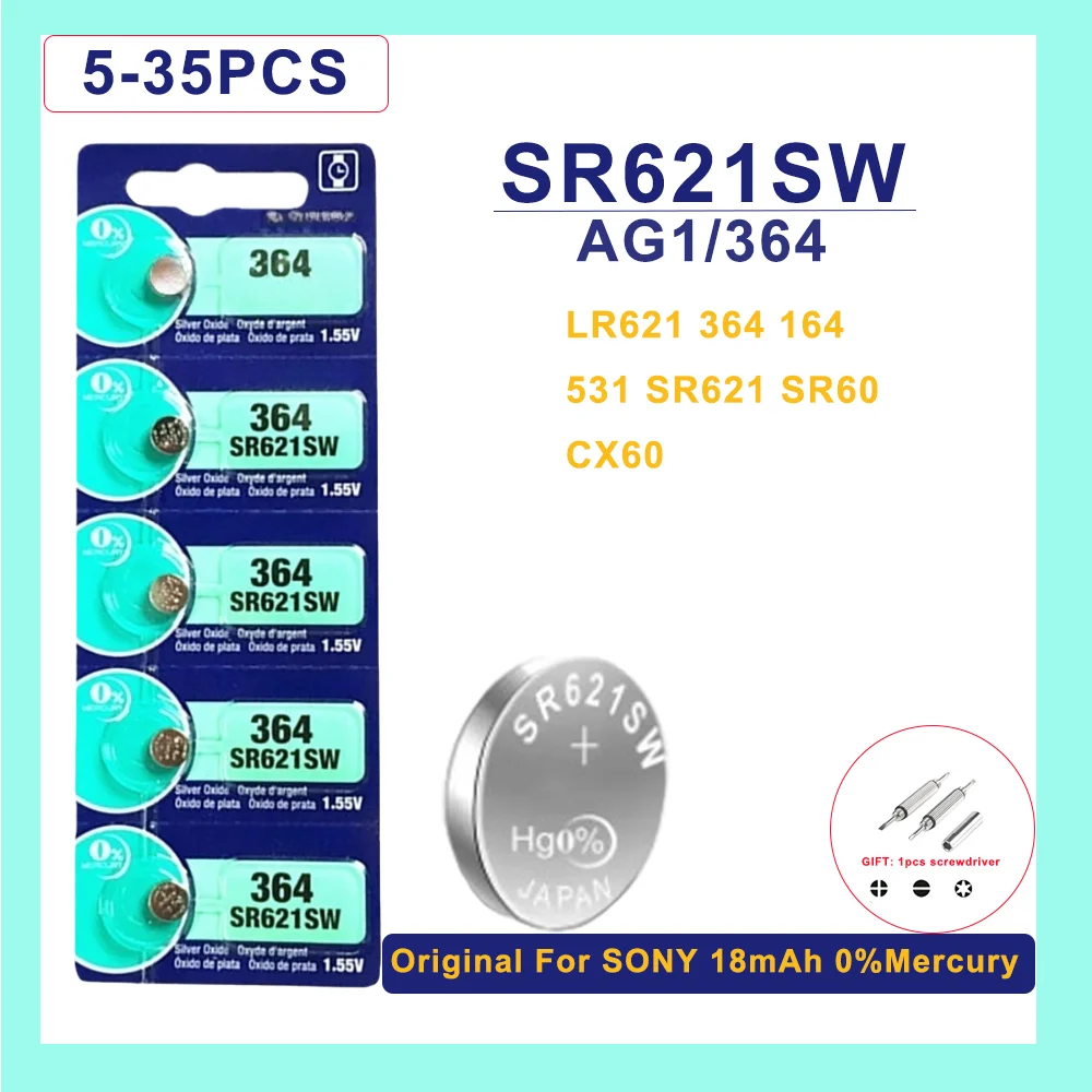 5-35PCS Original For SONY 364 SR621SW SR60 1.55V Button Battery For Watch Toys Remote Cell Coin Batteries