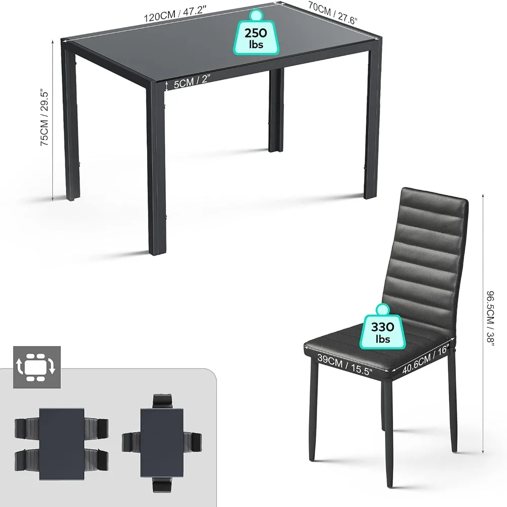 5 Piece Glass Dining Table Set, Kitchen and Chairs for 4, PU Leather Modern Room Sets for Home, Kitchen, Living Room image 2