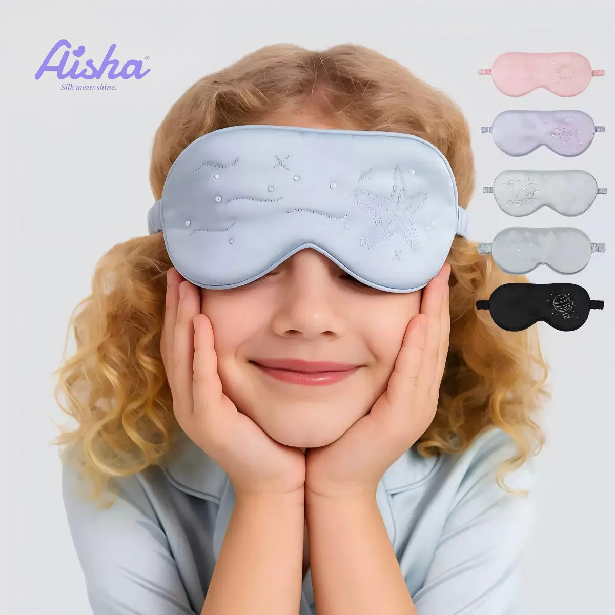 Aisha 100% 6A Moerbeizijde Kinderslaapmasker voor kinderen Tieners Oogmasker Schaduwgevende zachte ademende blinddoek met strassborduurwerk