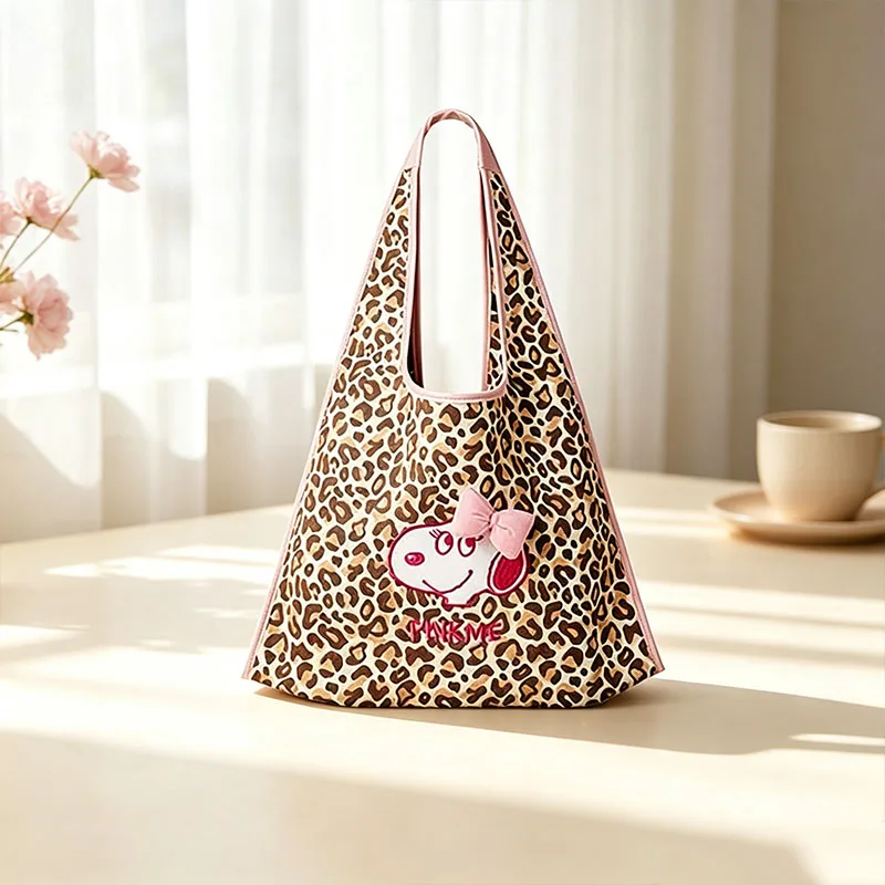 New Snoopy Leopard Print Shoulder Bag Kawaii Large Capacity Storage Bag Ins Korean Cartoon Anime Friend Birthday Gift