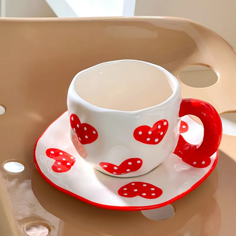 Overseas hot sale large capacity hand-pinched red heart-shaped ceramic coffee cup and saucer suit hand-painted Cup girl heart wa