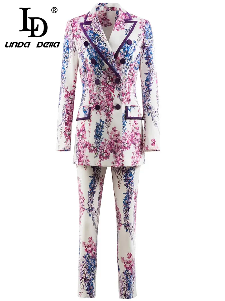 LD LINDA DELLA Fashion Designer Autumn Winter Pants Suit Women's Long sleeve Purple Flower print Overcoat＋Pants Two Pieces Sets