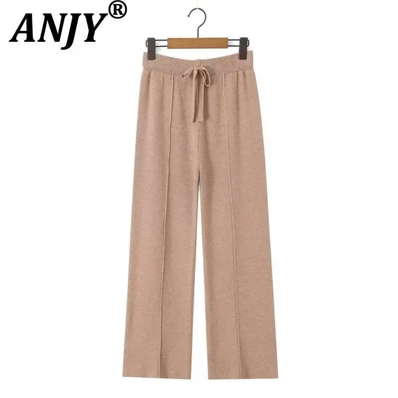

ANJY Spring Autumn New Women Fashionable Casual Slim Fit Drawstring Elastic Waist Knit Straight Pants Solid Color Bottoms A23744