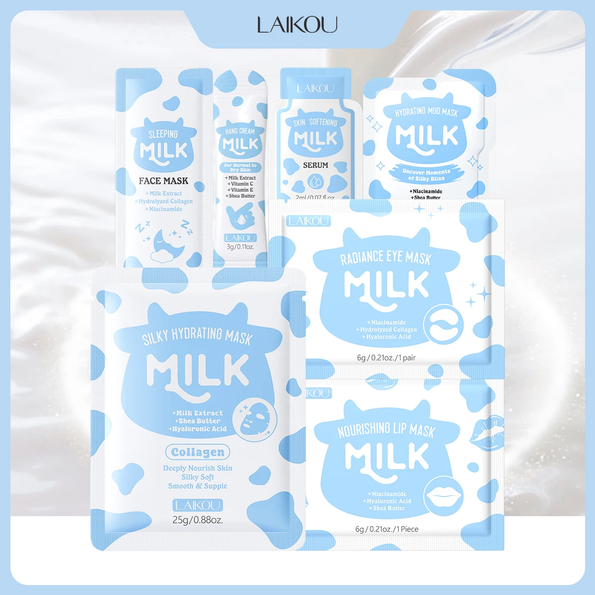 LAIKOU Milk Skincare Set 7PCS Sleeping Mask Serum Hand Cream Mud Mask Sheet Mask Eye Lip Mask Deep Hydrating Nourishing