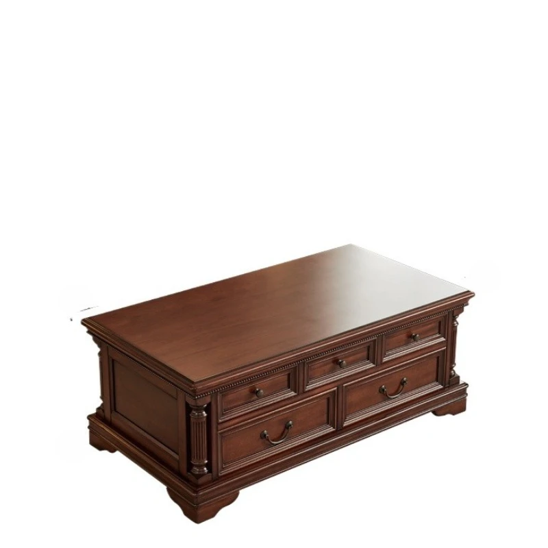 

American neoclassical gold silk teak all solid wood long coffee table 1.5 meters living room drawer coffee table