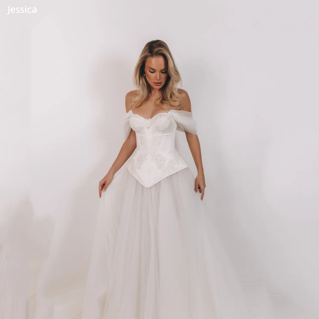 

Jessica Gorgeous White Evening Dresses Waist Embroidered Beaded Ornaments Prom Dresses A-line Tulle Train Party Dresses