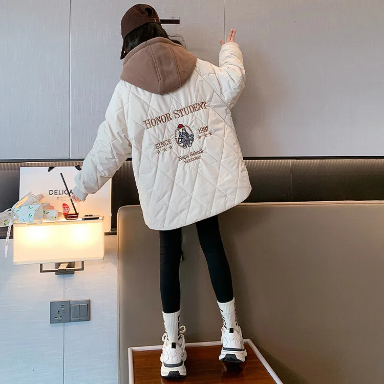 4-14Y الكورية الشتاء فتاة مراهقة مقنعين سترة قطن فتاة الابتدائية وهمية قطعتين أبلى فتاة صغيرة اللون حجب معطف #3