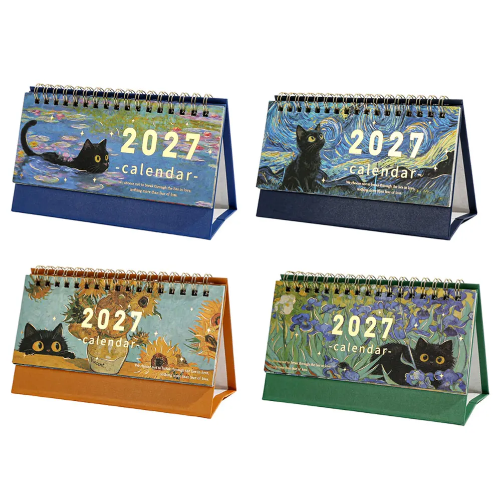 2027 Black Cat Desk Calendar Mini Size with Daily Monthly Pages Painting Design Perfect Gift for Cat Lovers Home Office Decor