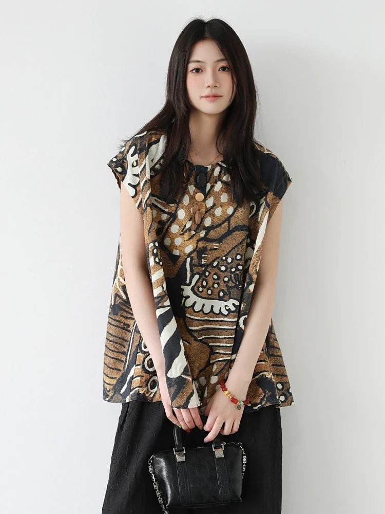 

Casual Style Printed Loose Fit Summer Shirt for plus Size Women Elegant Slimming Fly Sleeve Top Comfortable Breathable