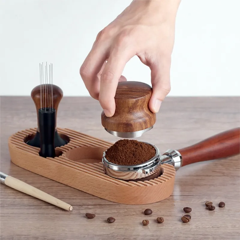 51mm/54mm/58mm Wooden Portafilter Tamper Holder Coffee Cafe Station Espresso Power Press Hammer Distribution Tools Mat