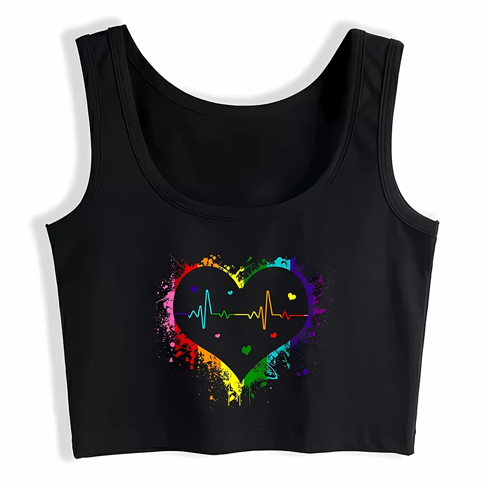 Rainbow Heartbeat Graphic Sexy Slim Fit Crop Top Happy Pride Month Parade Sports Crop Top Street Cotton Camisole