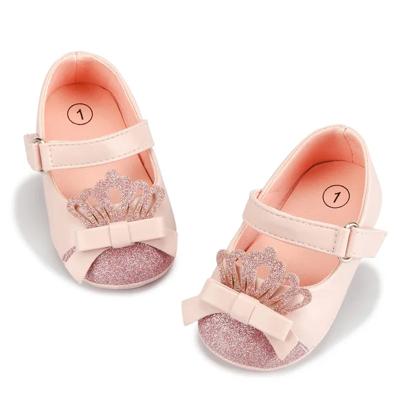 Baby Girl Shoes Crown Bling Baby Pink Princess Shoes Anti-slip Flat Rubber Sole Newborns First Walkers Infant Toddler Girl Shoes