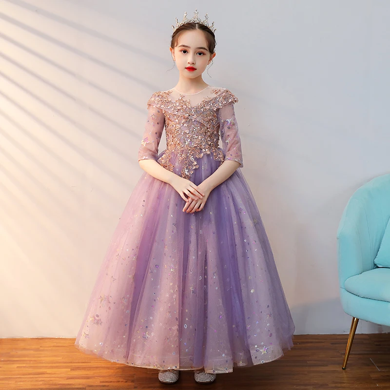 

Kids Birthday Party Dress for Girls Princess Flower Girl Children Gown Tutu Skirt Host Piano Performance Pageant Formal Dresses
