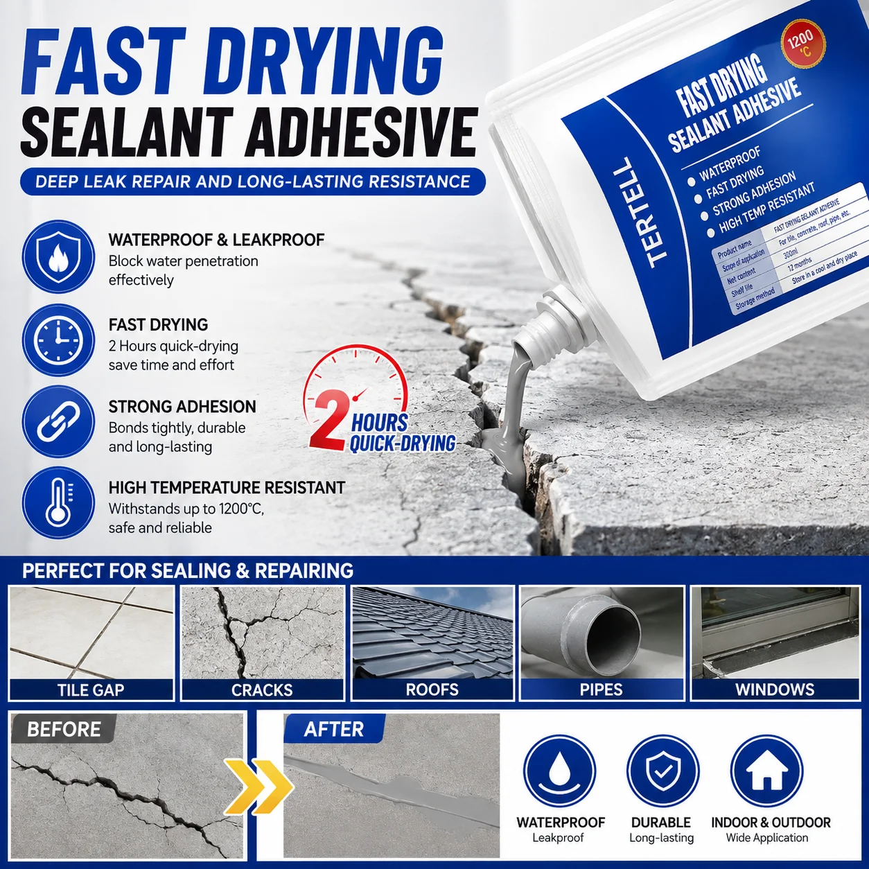 Waterproof High‑Elastic Quick‑Drying Leak Stop Grouting Adhesive for Roof, Basement, Bathroom & Ceiling Leak Repair
