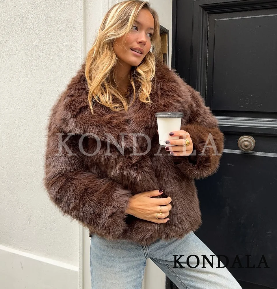 

KONDALA Fall Winter Brown Fur Jacket Coat Women Faux Fur Lapel Loose Coat 2025 Fashion Elegant High Street Outwear Ladies Coat