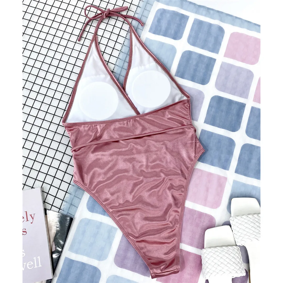 Sexy Neckholder-Badeanzug mit offenem Rücken, tiefem V-Ausschnitt, einteilig, für Damen, mit hohem Beinausschnitt, gepolstert, Badeanzug, Badebekleidung, Modell V3694. – Detail 12