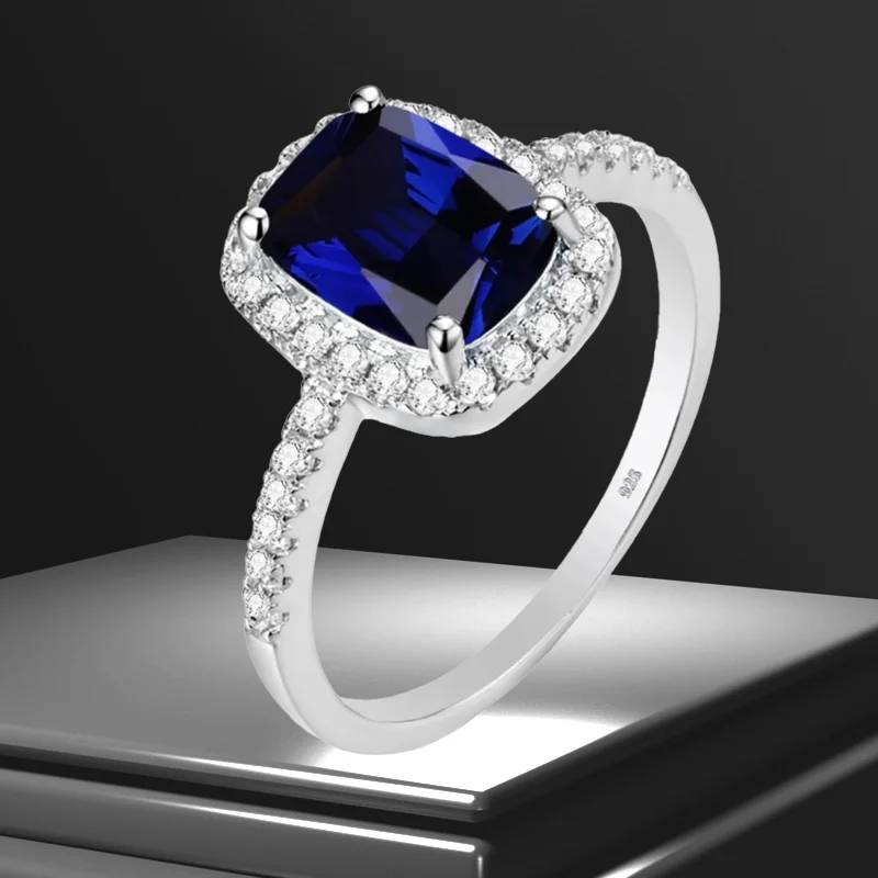 

100% стерлингового серебра 925 пробы, квадратные кольца, синий сапфир, драгоценный камень для женщин, свадебные высококачественные ювелирные изделия, модное подарочное кольцо