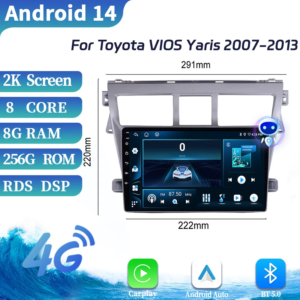 

Car Radio Android OS For Toyota VIOS Yaris 2007-2013 Multimedia Touch Screen GPS Navigation 4G Wireless Apple BT CarPlay Stereo