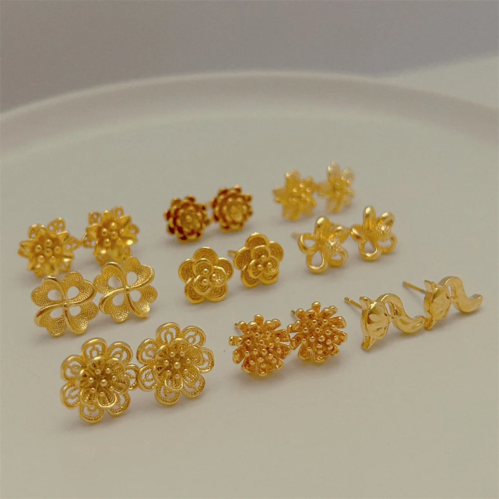 Yellow Gold Color Stud Earrings for Women Flower Beads Butterfly Earing Brincos Femme Vintage Jewelry Accessories Wholesale