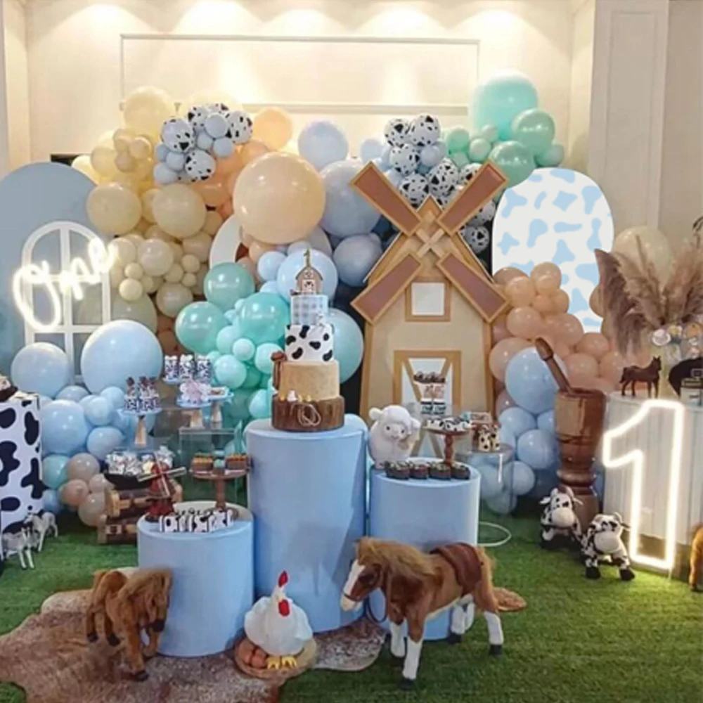 Blue Barn Arch Backdrop Cover,Farm Theme Arched Stand Cover,Baby Birthday Party Decoration,Double-sides-Elasticity-Washable