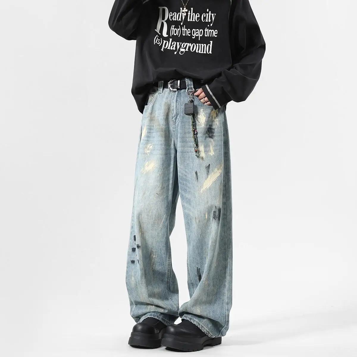 

Мужские джинсы прямого кроя из денима, свободные, комфортные, с эффектом потертости, в американском ретро-стиле, модные, для весны и осени