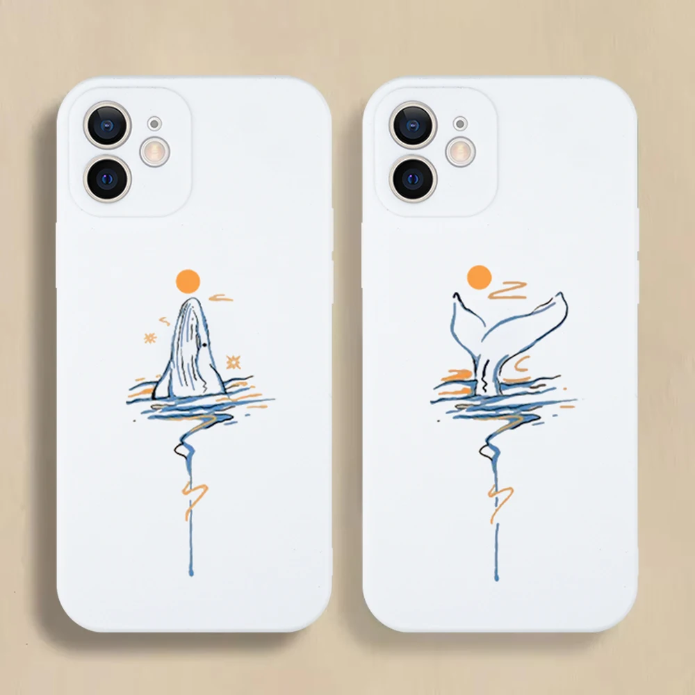 

Dolphin Whale Paired Couple Phone Case For iPhone 16 15 14 13 12 11 Pro Max Mini X XS SE 7 Plus 16E Shockproof Soft Cover Fundas