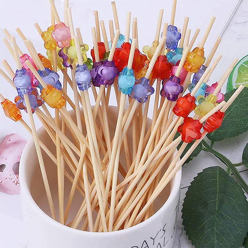 

100Pcs Disposable Bamboo Fruit Sticks 13cm Fruit Salad Snack Fork Cocktail Decor Cake Buffet Toothpicks Wedding Party Supplies