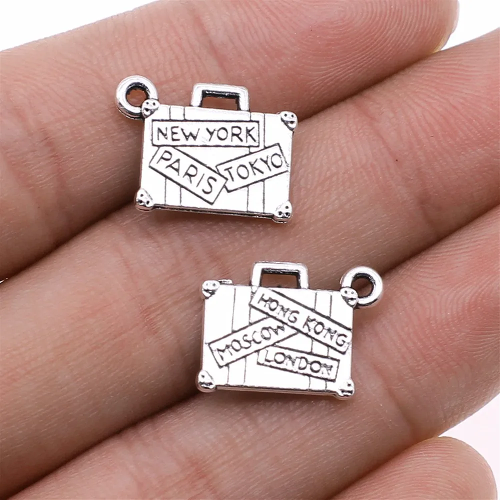 

Wholesale 120pcs/bag 15x13mm Charms Travel Bags New York Paris Tokyo Antique Silver Color Trunk Pendants Making DIY Jewelry