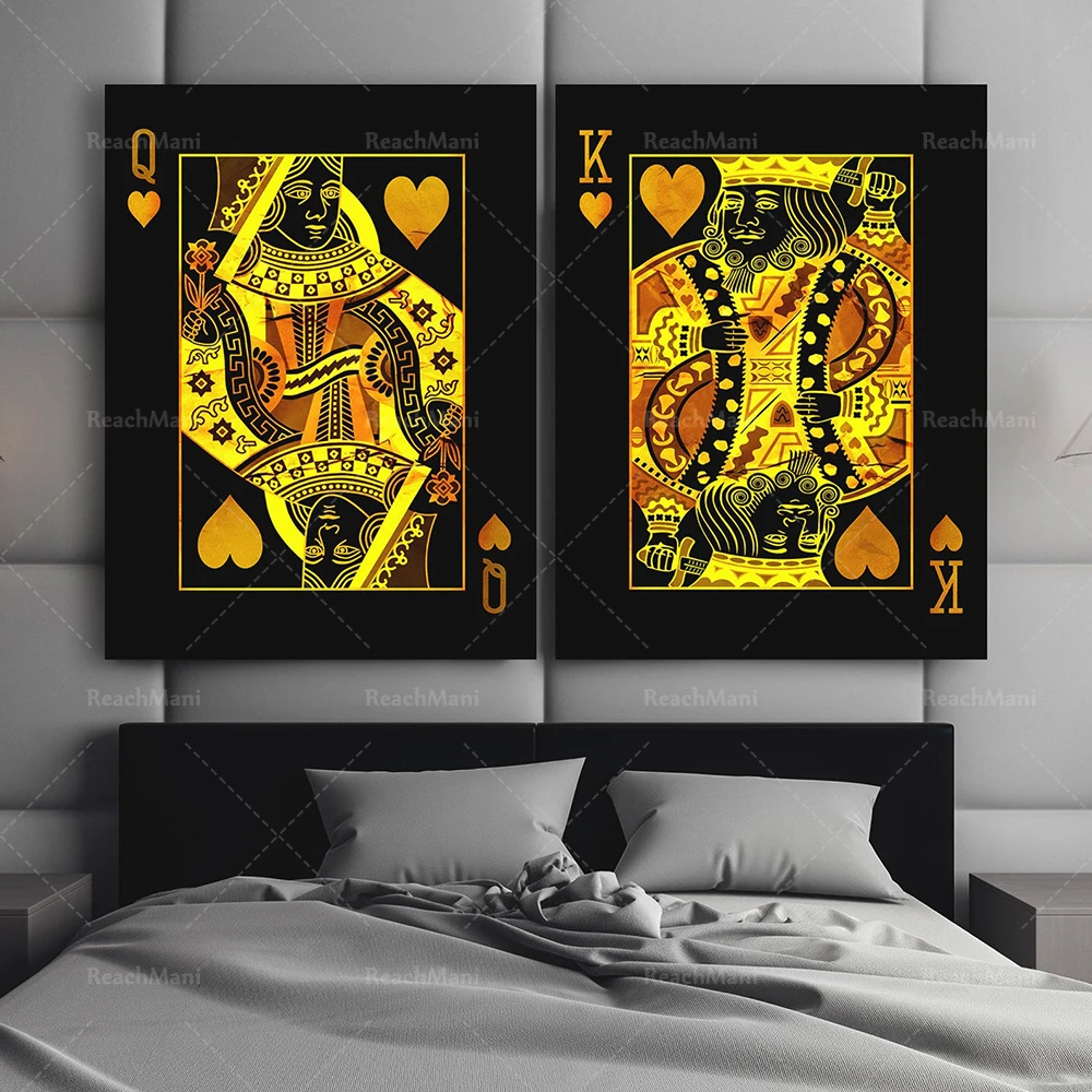 

King and Queen Poker Art Print, Royal Couple Bedroom Decor Game Play Card Gold Artwork, King and Queen Couple Gift Poster