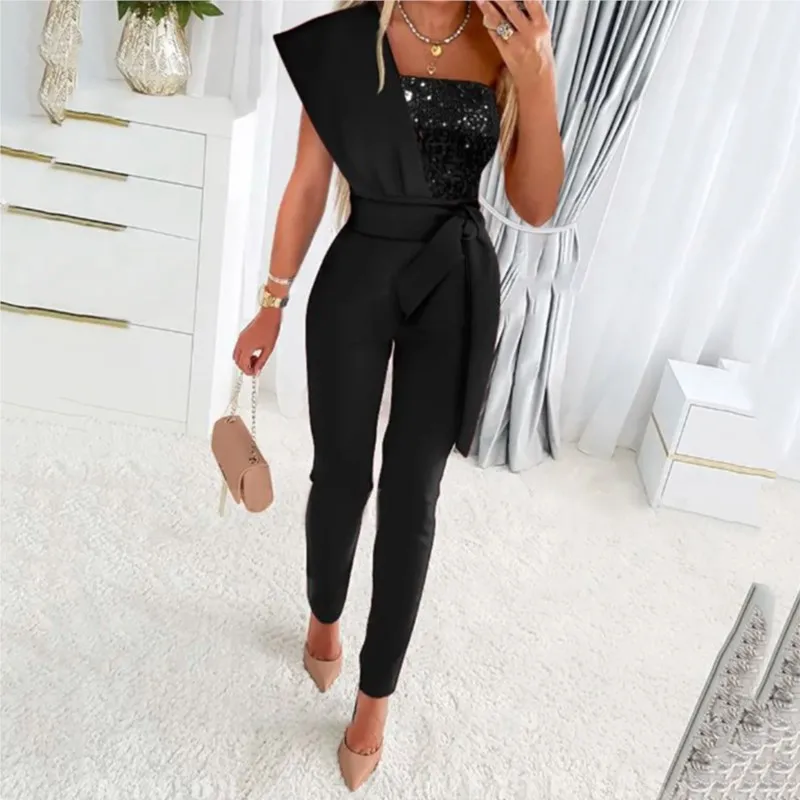 Women's Sequins Patchwork Bodycon Jumpsuit Summer Elegant Fashion One Shoulder Prom One Piece Belt Trouser Overalls Jumpsuits