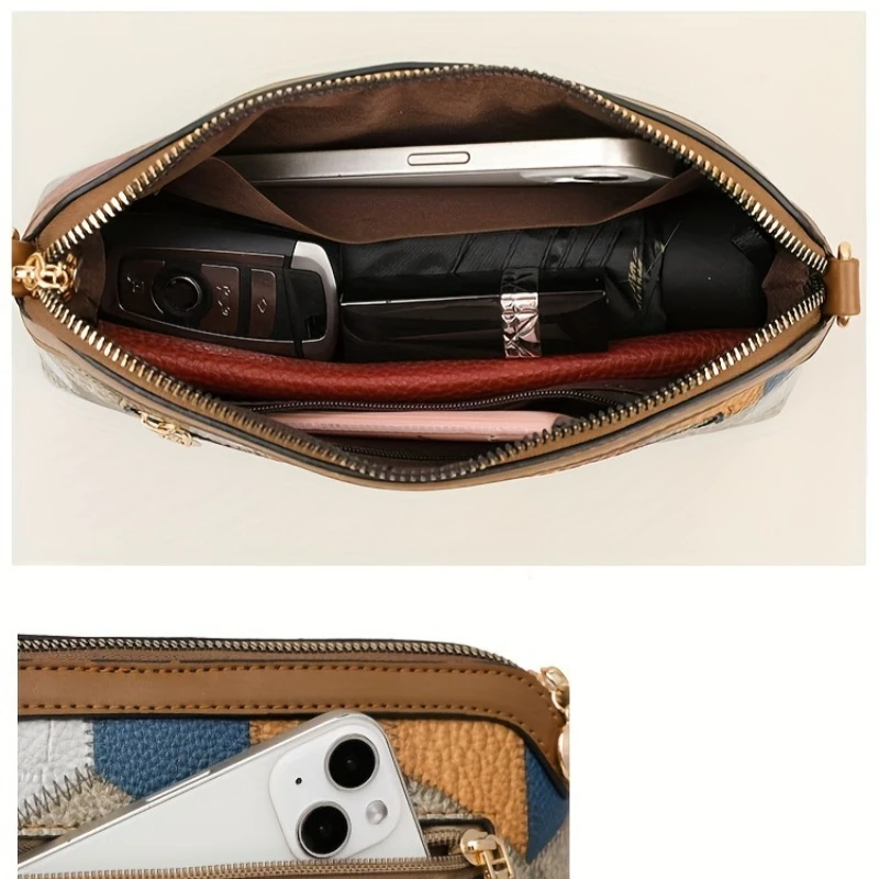 Bohemian Ethnic Style Shoulder Bag, Ladies' Vintage Spliced Leather Crossbody Bag, Wallet, Suitable for Commuting Banquets