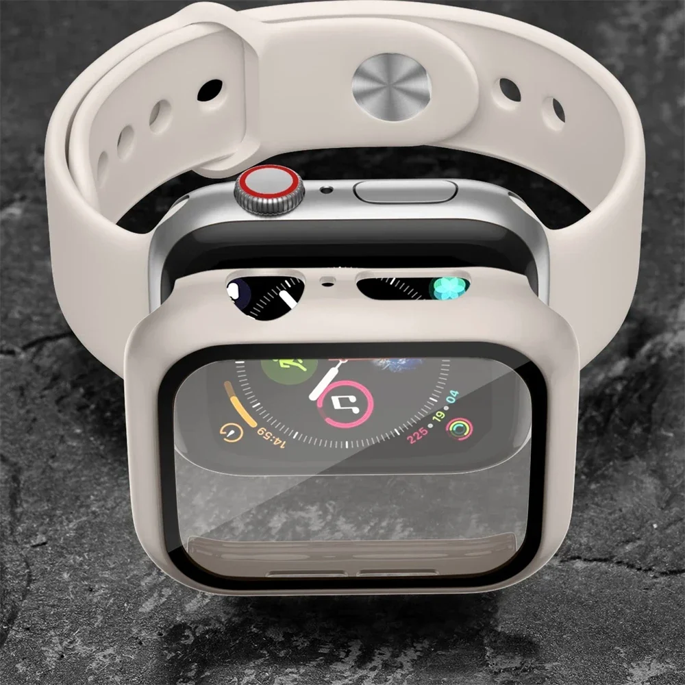 Kaca + Casing + Tali untuk Apple Watch Band 46Mm 45Mm 41Mm 44Mm 40Mm 38/42Mm Gelang Silikon IWatch Seri 10 8 9 7 6 5 4 3 SE Tali