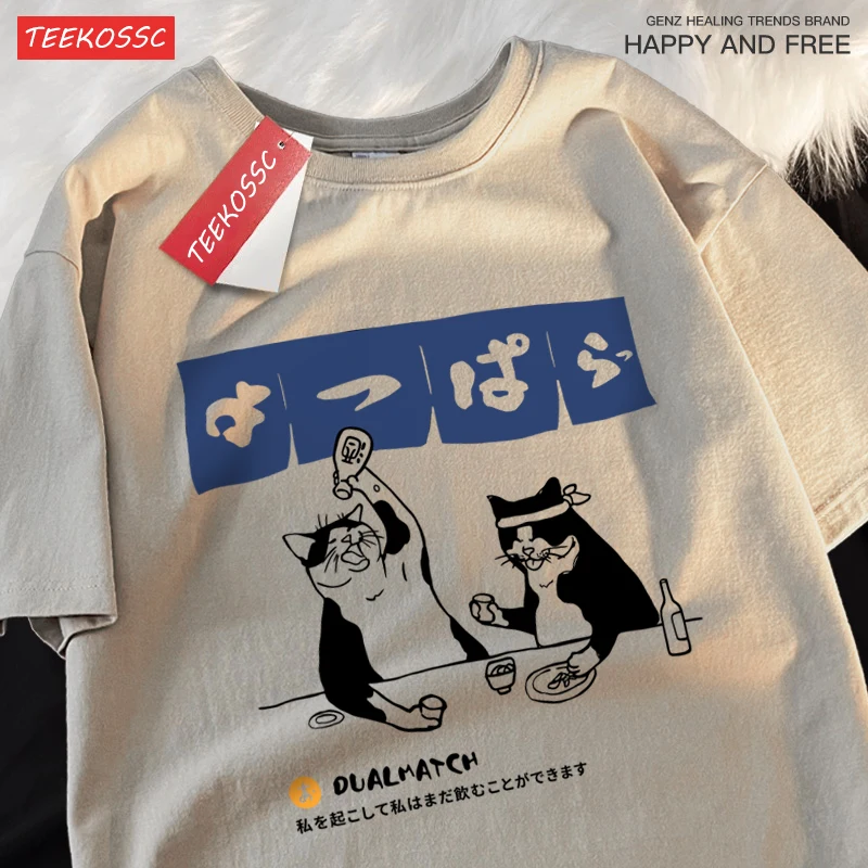 Summer Cotton Man T-Shirts Original Japanese Retro Cat Prints Tee Shirts Loose O-Neck Soft Comfortable Tops Female Clothes