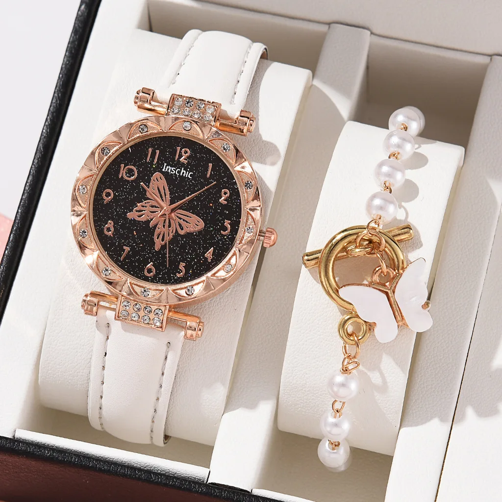 White Pearl Butterfly Watches for Women Fashion Rhinestone Casual Bracelet Watch Simple Female Clock Ladies Quartz Wristwatches