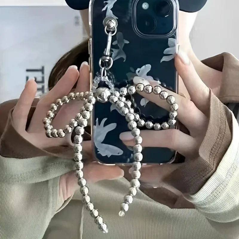 Korean Sweet Pearl Bow Phone Charm Pendant Keychain for Bag IPhone Samsung Accessories Women Girl Strap Lanyard Pendant Decor