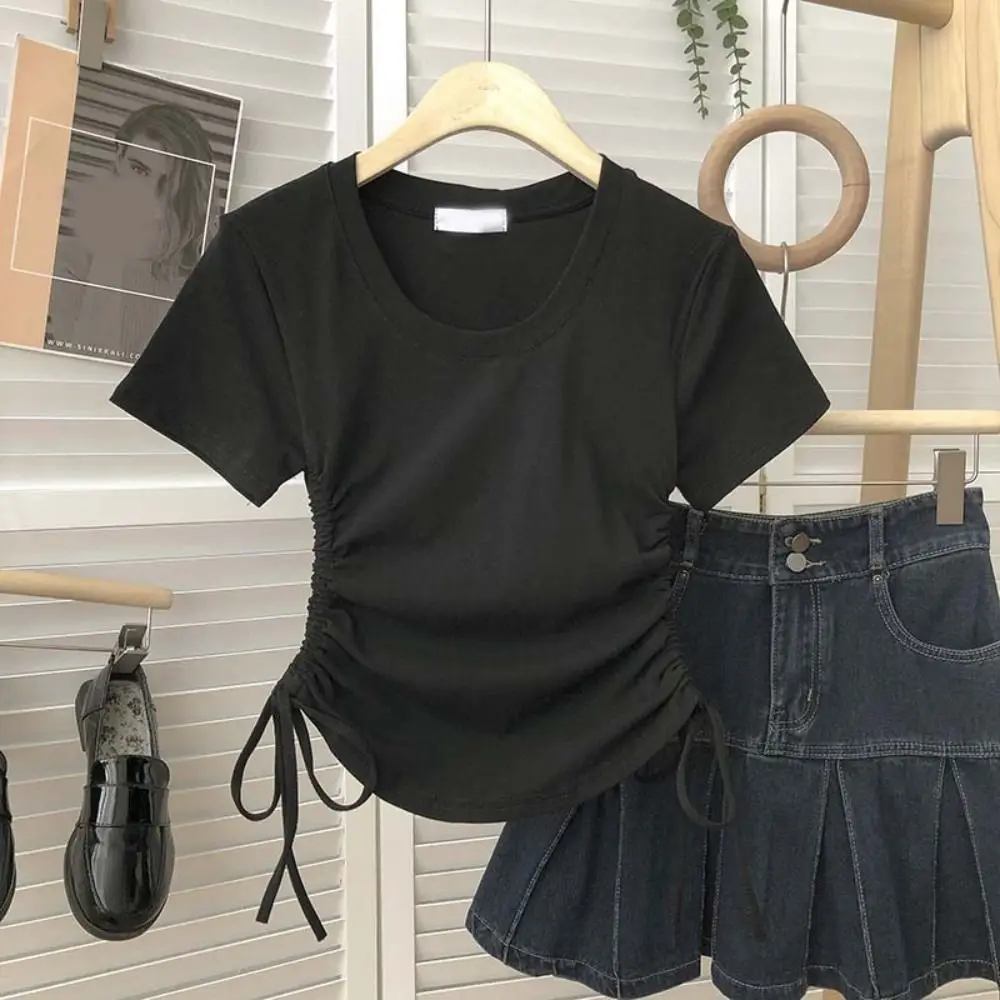 Pullover Drawstring Short-Sleeved T-Shirt Simple Solid Color Square Neck Basic Tees Shirt Casual Short Blouse Ins Style