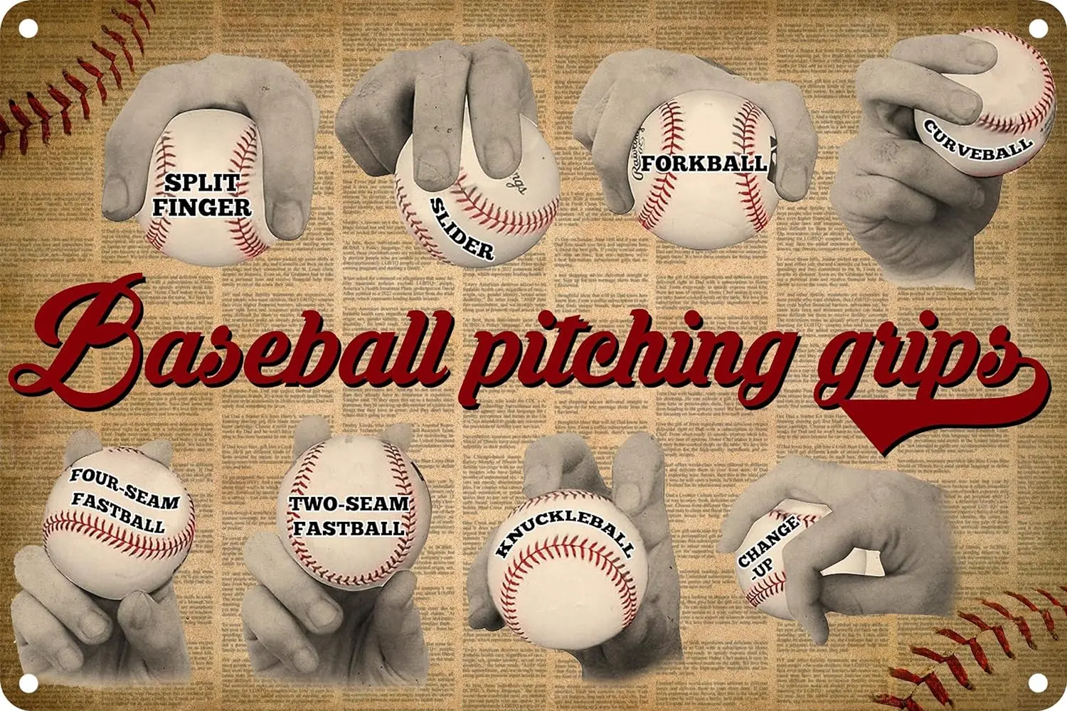 Baseball accessories Baseball Pitching Grips Retro Metal Sign Tin Sign Vintage Baseball Poster Baseball Gifts For Boys Room sign
