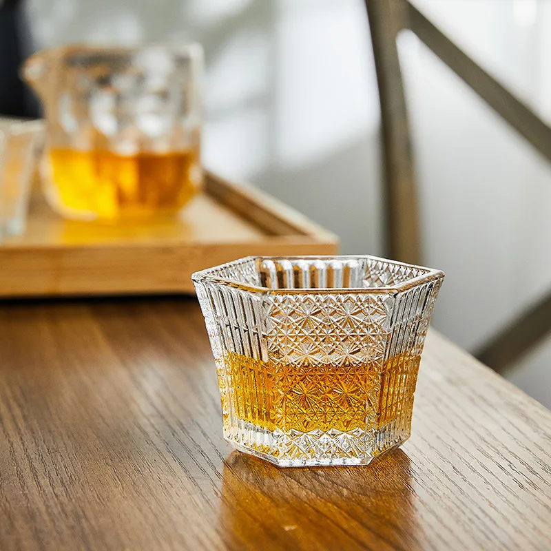 1 Piece 75ml Heat Resistant Tea Cup Elegant Engraving Hexagonal Crystal Bright Shot Glass Small Capacity Sake Soju Glass Cup