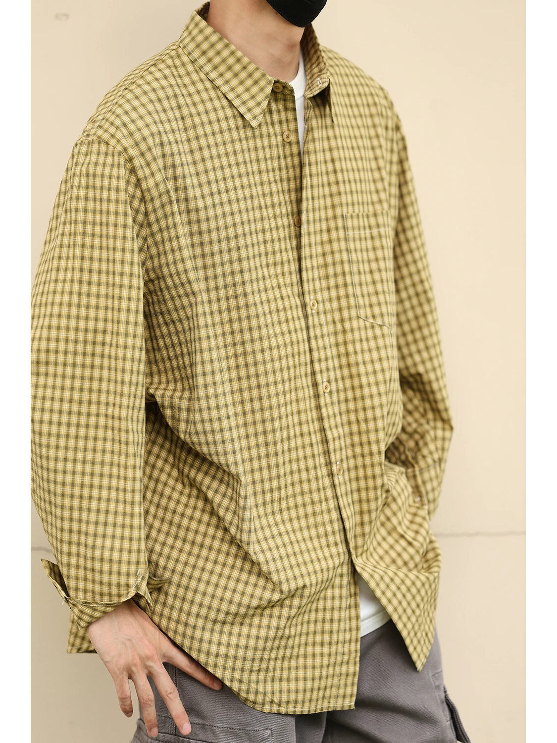 

Мужская повседневная свободная куртка в американском ретро-стиле с желтым клетчатым узором, весенне-осенняя, из хлопка, длинная, для пар, модная