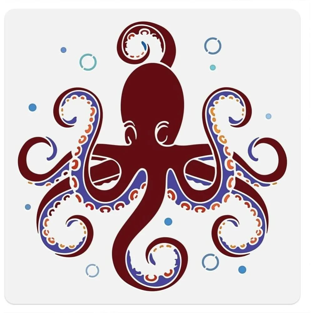 Oktopus-Meerwand-Schablonen-Vorlage, 30 x 30 cm, wiederverwendbare Kunststoff-Schablone mit Ozean-Motiv zum Malen auf Holz, Wand, Boden, Fliesen