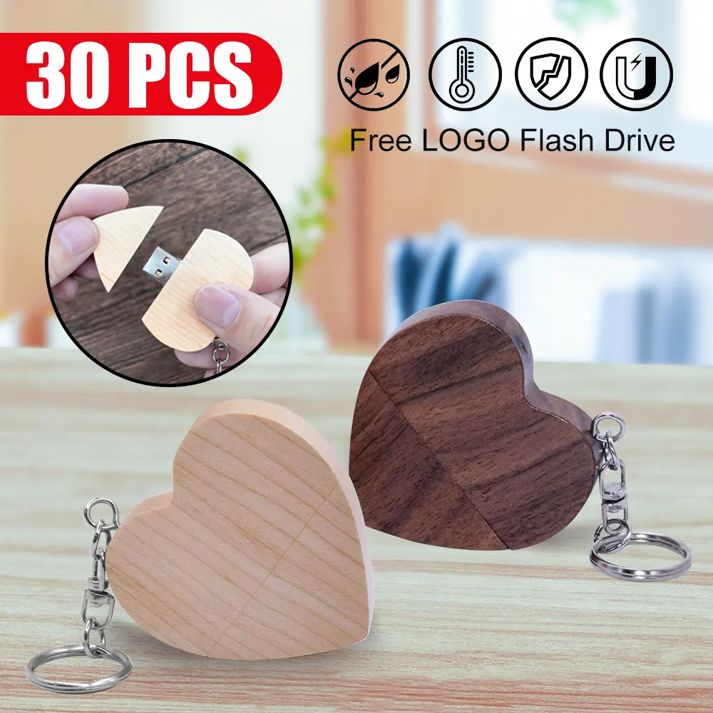 

30pcs/lot Wooden Heart USB 2.0 Flash Drives 8GB Free Custom Logo Memory Stick 64GB Key Chain Gift Pen Drive 32GB Pendrive 16GB