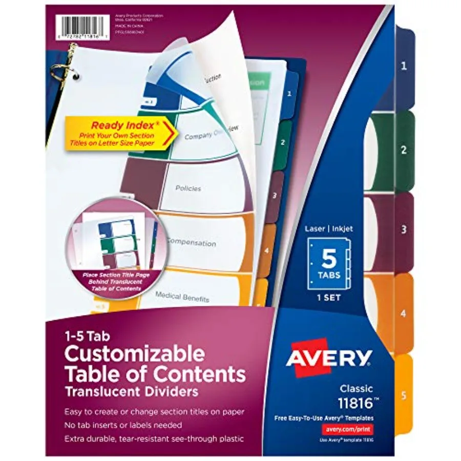 

Plastic 5 Tab Binder Dividers, Customizable Table of Contents, Multicolor Tabs, 1 Set 11816