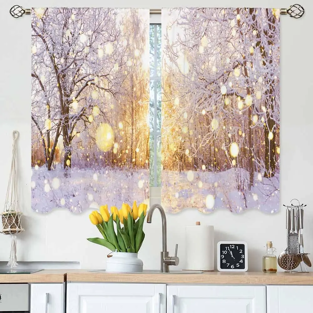 Snow Trees Kitchen Curtains Winter Sun Woods Wonderland Snowflake Bokeh Glitter Short Tier Curtains Bathroom Cafe Small Window