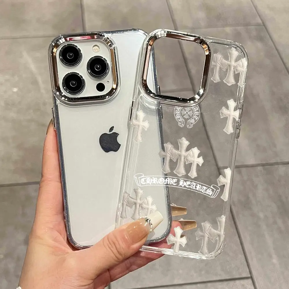 INS Cross Handyhülle FÜR iPhone 17 16 15 Pro MAX 14 13 12 16e 15Pro Plus Schutzhülle 17Air Silber IMD C-Chrom-H-Herzen Hüllen