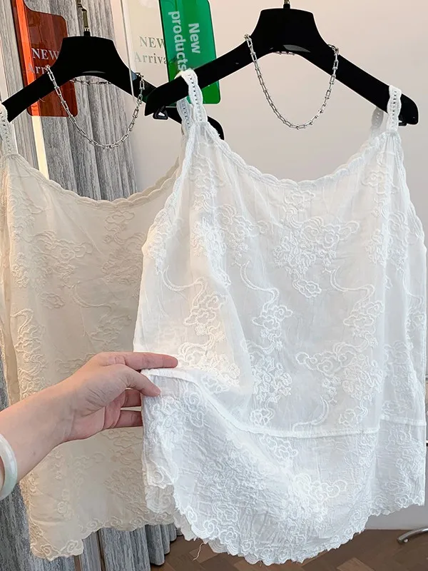 

Sweet Embroidered Heavy Work Small Strap Top plus Size Women's Slimming Innerwear Outerwear Trendy Cotton Blend Casual Top