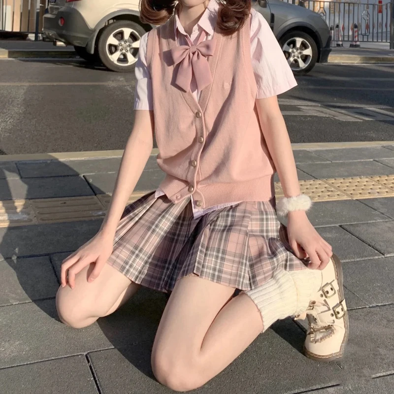 Valentine's Day Limited JK Uniform Skirt Set Grey Pink Plaid High Waist Girl's Style Pleated Skirt Brand JK Spring  Short...