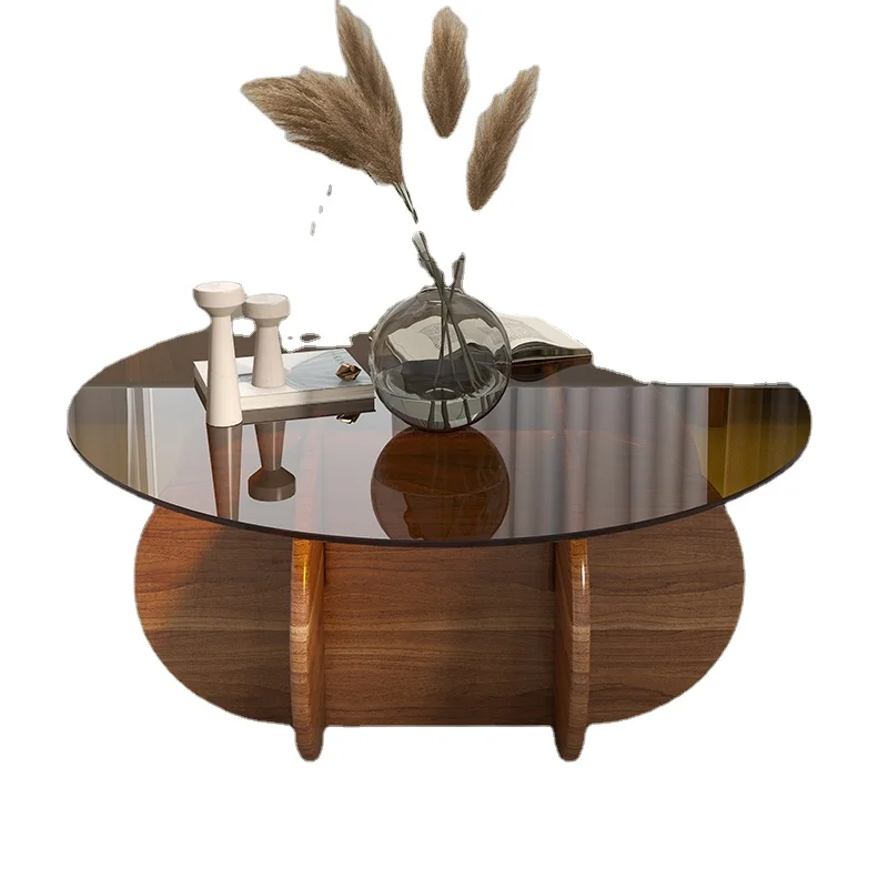 YY Hall Solid Wood Household Creative and Slightly Luxury Tempered Glass Sofa Edge round Table